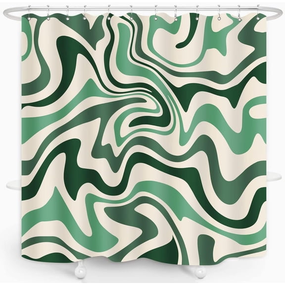 Abstract Wavy Swirl Shower Curtain Cute Hippie Spiral Stripe Sage Green 70s Retro Boho Minimal Aesthetic Groovy Modern Art Bathroom Decor Waterproof Fabric 72Lx72W Inch with 12PCS Hooks