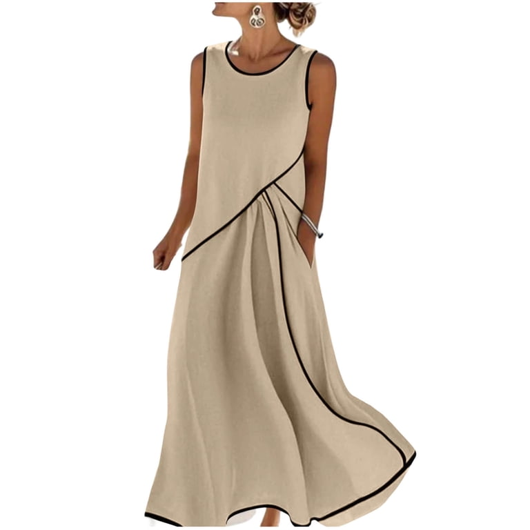 asdoklhq Summer Dresses For Women Revolve Cotton Trendy Women Casual Sleeveless Round-neck Button Button Linen Casual Dress Beige 2X