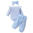 thumbnail image 3 of Akiihool Baby Girl Outfits Fall Winter Ribbed Knit Outfit Long Sleeve Romper Bodysuit Bow Pants Headband Set (Sky Blue,0-3 Months), 3 of 9