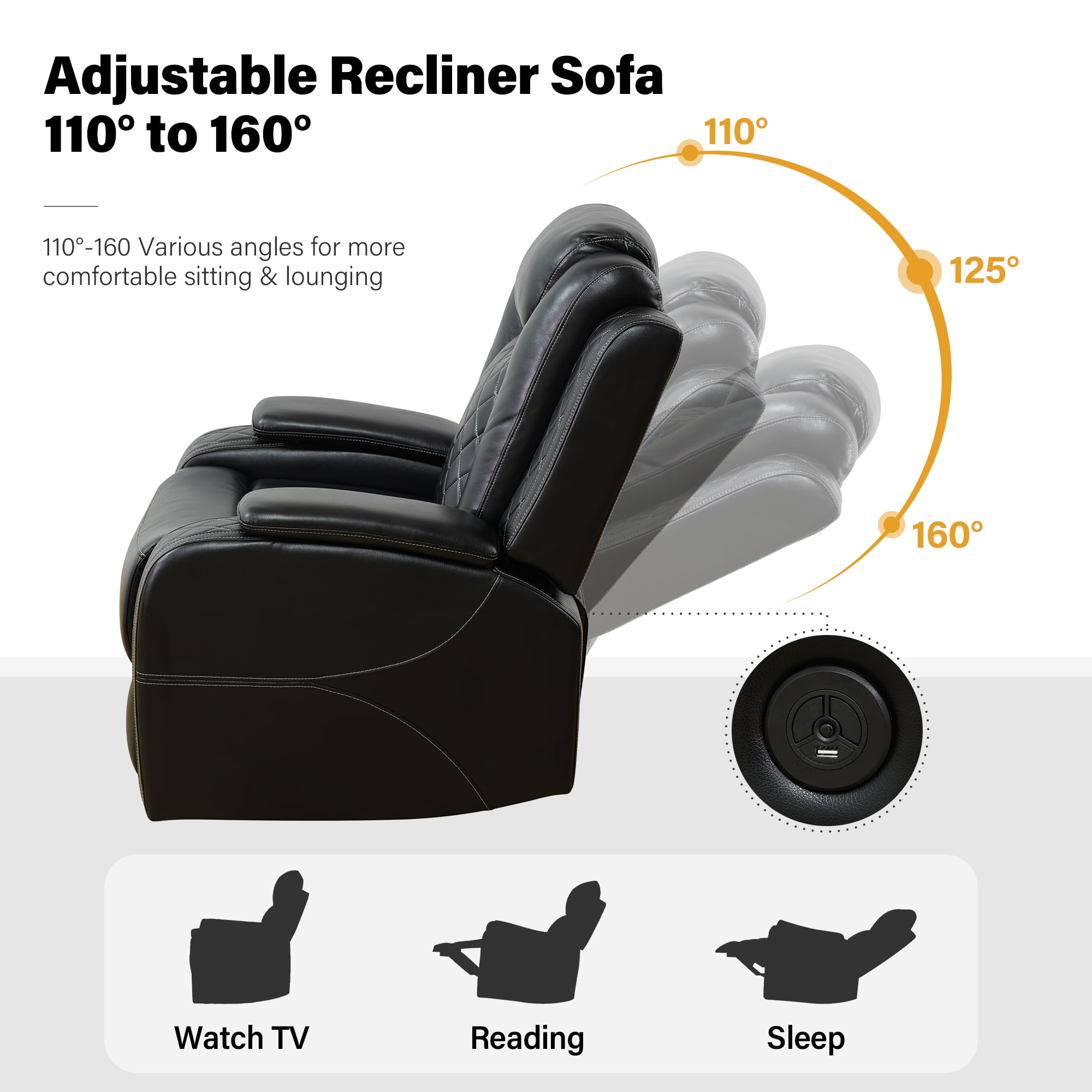 Aukfa Power Recliner Sofa Chair W/ Storage and USB for Living Room,Leather, Black