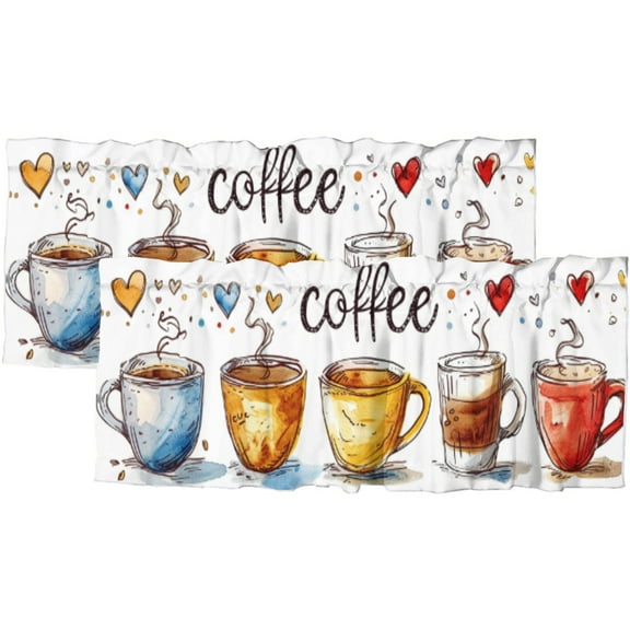Coffee Valance Curtain for Kitchen Coffee Theme Tea Cup Love Heart Window Valance for Living Room Bedroom, Kitchen Valance Rod Pocket Window Decor Curtain 54 by 18 in, 2 Panel