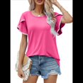 thumbnail image 2 of Blusas Verano para Mujer con Mangas Pétalos, Camisetas Encaje Crochet con Cuello Redondo, Camisetas Casuales Holgadas Color Sólido, Camisetas Básicas Tipo Túnica. Rosa Roja XL, 2 of 10