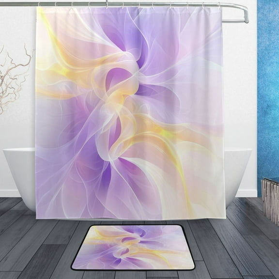 Bath Curtain & Non-Slip Bath Mat Set 12-Grommet Shower Curtain Memory Foam Bath Rug Light Purple and Yellow Pattern