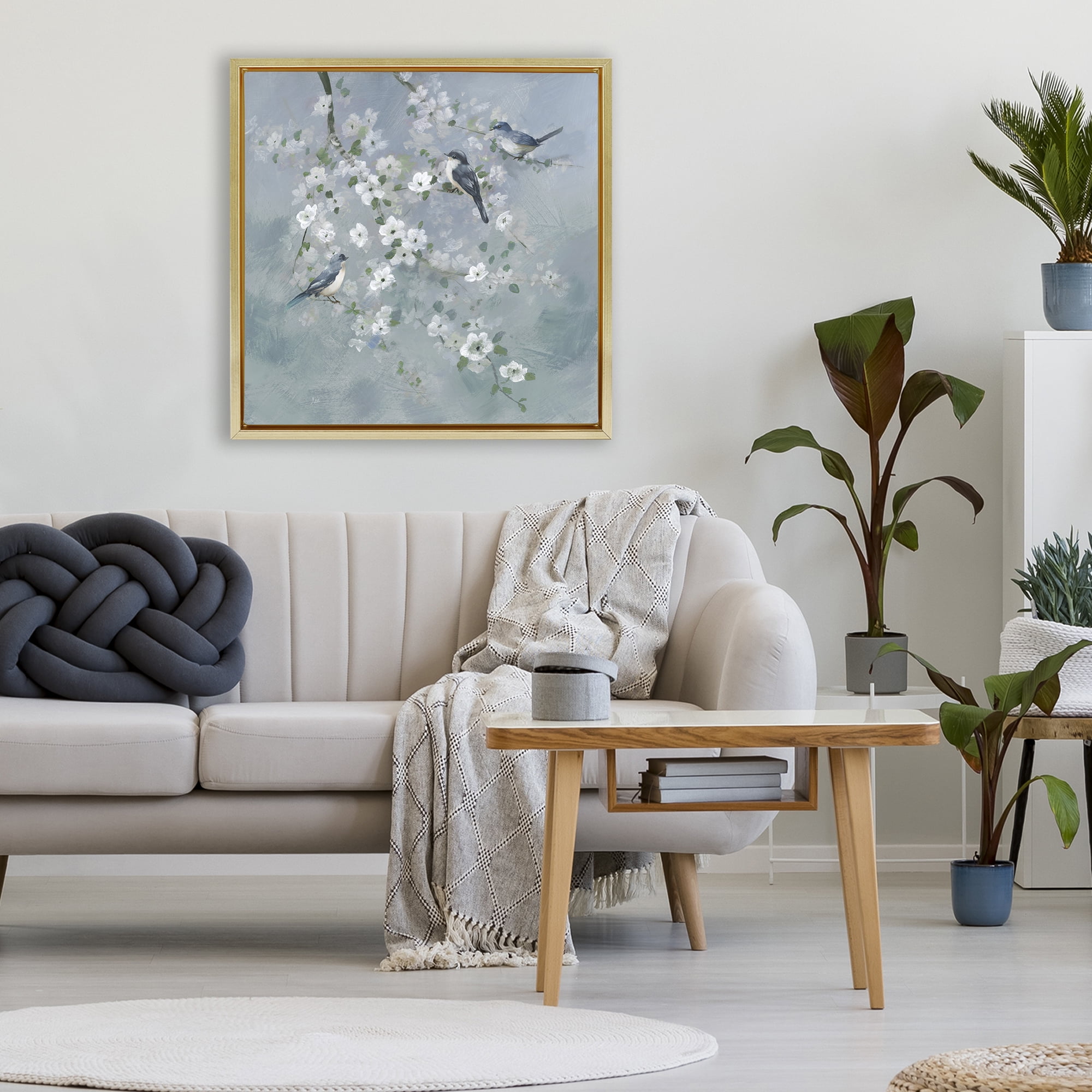 Stupell Industries Serene Birds on White Blooms Gold Framed Floater Canvas Wall Art, design by Nan