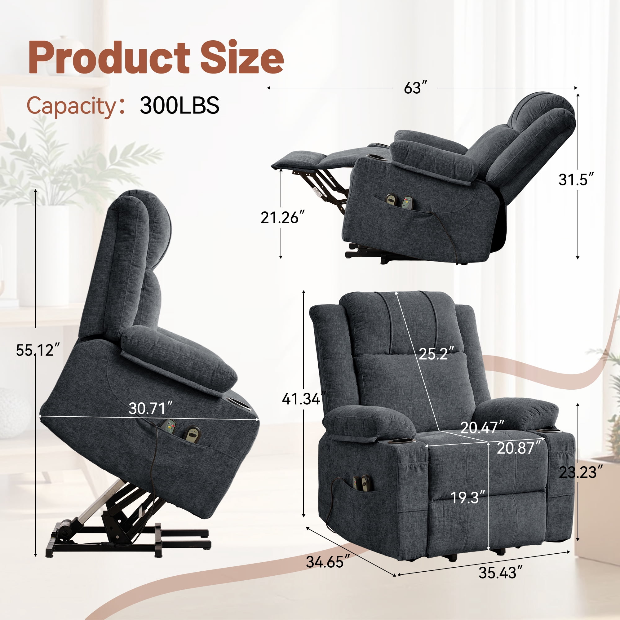 Korser Power Lift Recliner Chair for Elderly with Massage and Heat,Electric Lift Reclining Chair with Side Pockets and Cup Holders,Massage Recliner Chair for Living Room,Chenille,Dark Grey