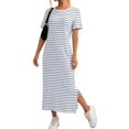 thumbnail image 3 of Women'S Crew Neck Short Sleeve All-over Striped Side Split Loose Midi Casual Dress Blue & White. L, 3 of 7