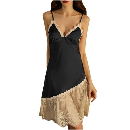 Cozy Pajamas for Women Soft Sleepwear Dress for Women Lingerie Lace Patchwork Dress Sleeveless Backless Chemise Nightgown Dress S-94 Black L