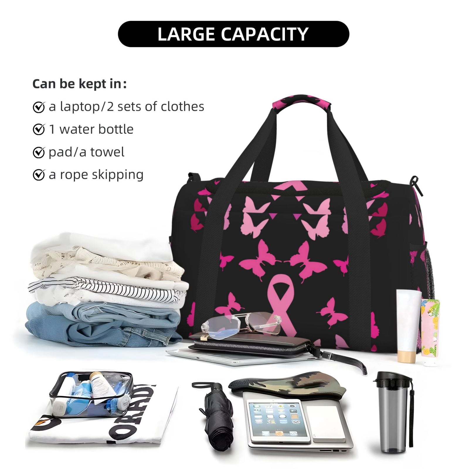 Fuzoiu Breast Cancer Print Travel Duffle Bag,Carry On Tote Bags,Duffel Bag,Sport Gym Bag, Hospital Bag for Labor and Delivery, Overnight Bag,Luggage Bag