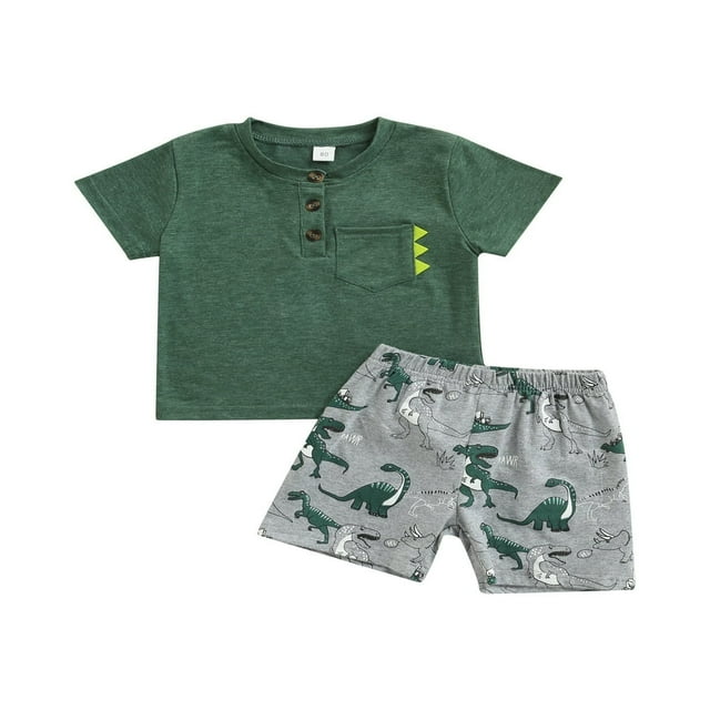 Toddles Boys Two-Piece Outfits Short Sleeve T-Shirt + Dinosaur Shorts Set Summer