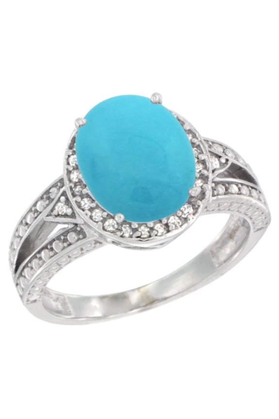 14K White Gold Natural Turquoise Ring Oval 9x7 mm Diamond Halo, size 9