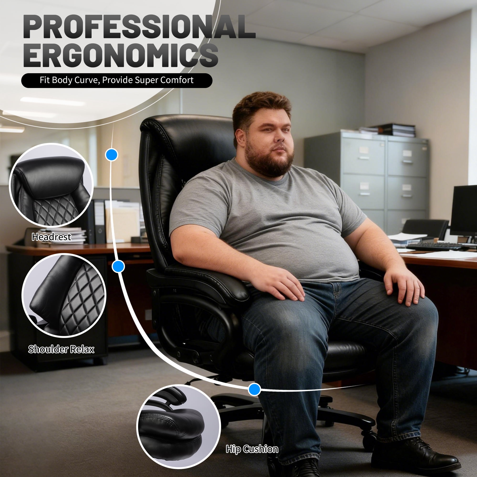 800lbs Big and Tall Office Chair, Executive Chair with Adjustable Lumbar Support, Executive Desk Chairs with Quiet Rubber Wheel and Extra Wide seat