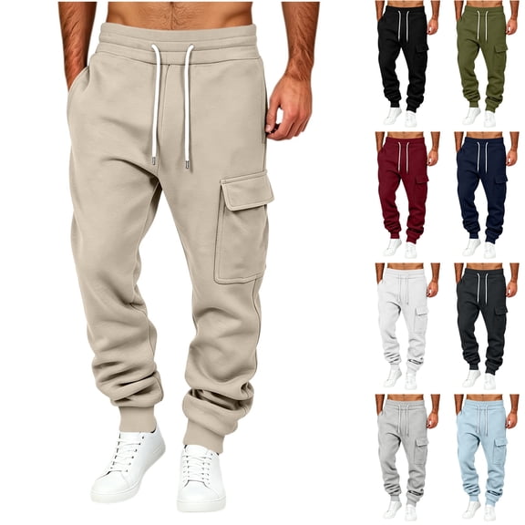 Husipze Men's Fleece Cargo Sweatpants Tapered Drawstring Elastic Waist Baggy Relaxed Fit Casual Joggers with Flap Pockets Beige S