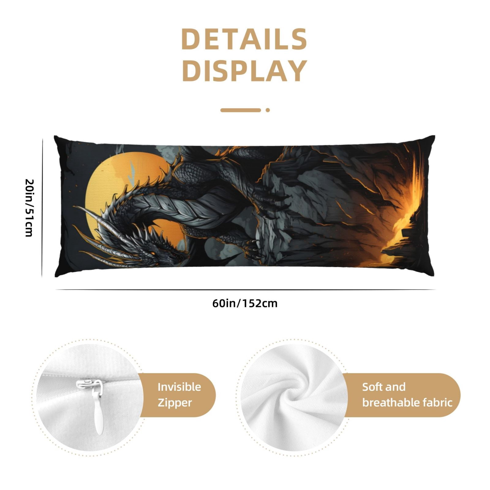 Naloa Full Moon Black Dragon Super Soft 20x60 Body Pillow Case,Long Side Hidden Zipper（PILLOWS ARE NOT INCLUDED）