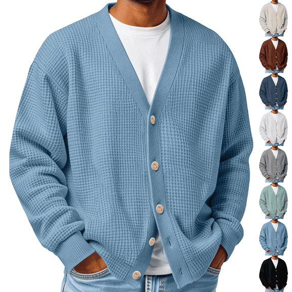Frnrwgo Men's Cardigan V-Neck Button Front Loose Fit Textured Knit Long Sleeve Casual Fall Winter Top