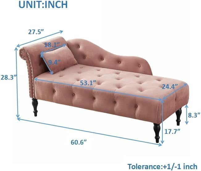 Miniyam Velvet Chaise Lounge, Tufted Accent Chaise Chair with Pillow for Living Room Bedroom, Pink