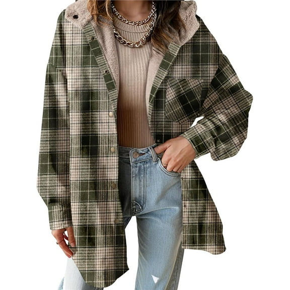 Women's Flannel Hooded Plaid Shacket Thick Coat Winter Coat Button Down Warm and Fuzzy Fleece Jacket Olive Green L