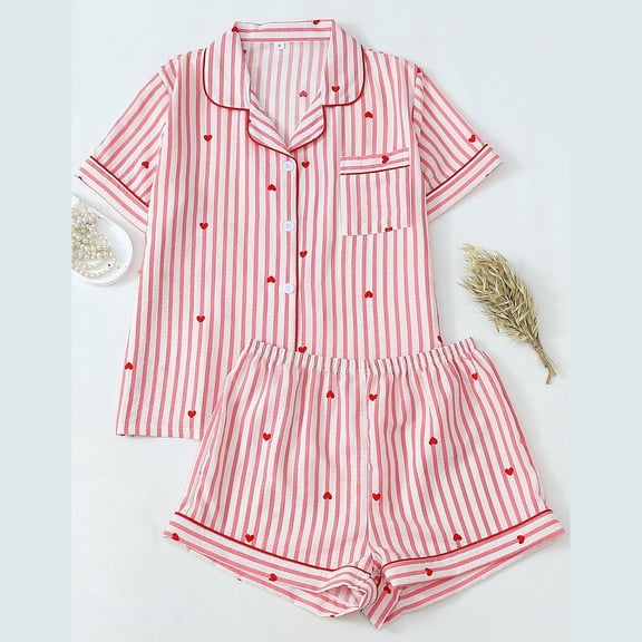 HOWPAY Valentines Pajamas for Women Set Short Sleeve Cute Heart Print Button down Shirts and Shorts Sleepwear Causal Soft Comfy 2 Piece Pj Sets Red L