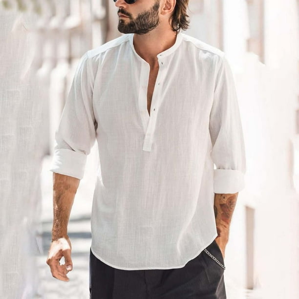 pstuiky mangas largas para hombre, Blusa de cuello alto con mangas largas y botones de color liso para hombre top de hombre xxl