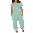 thumbnail image 3 of QATAINLAV Women's Casual Loose Linen Overalls Jumpsuits Wide Leg Short Sleeve Off Shoulder Rompers Solid Color Long Pant Jumpsuit with Pockets 2024, Green, 3XL, 3 of 6