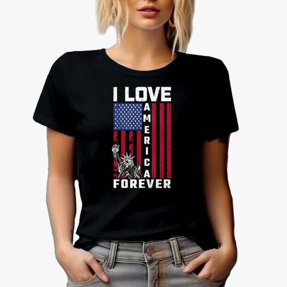I Love America Forever with USA Flag, Black T-Shirt, Small