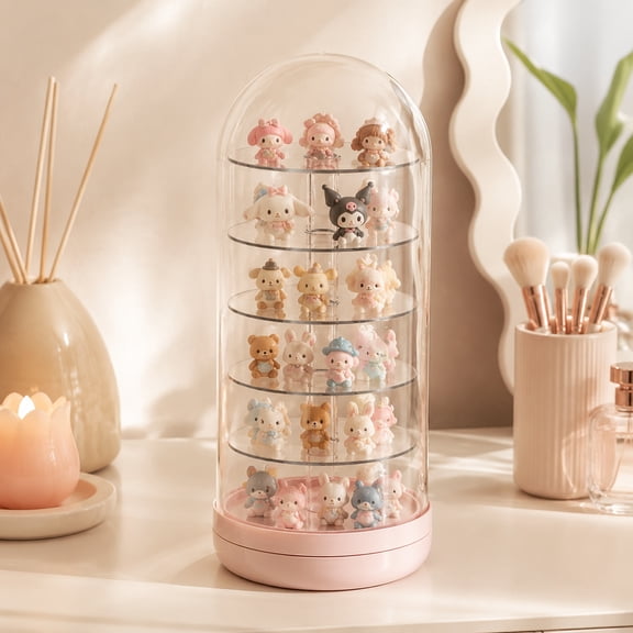 6-Tier Rotating Clear Display Stand for Mini Figures, 360° Spinning Collectible Organizer with Dustproof Lid, Pink Base Small Figurine Storage Case for Desk & Countertop (10in H)