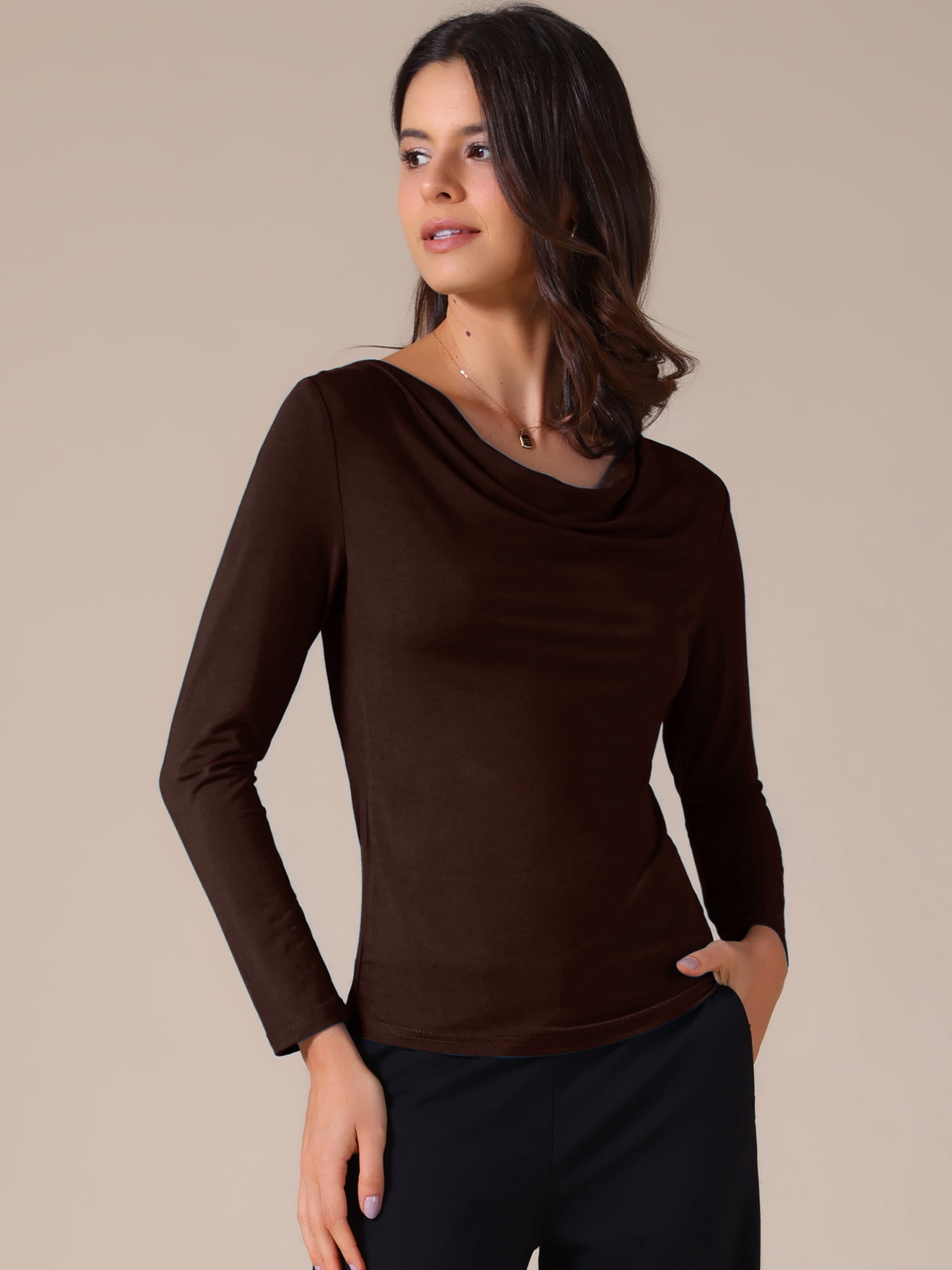 DARING DIVA Women's Cowl Neck Long Sleeves Fitted Layering Soft T-Shirt M Coffee Brown