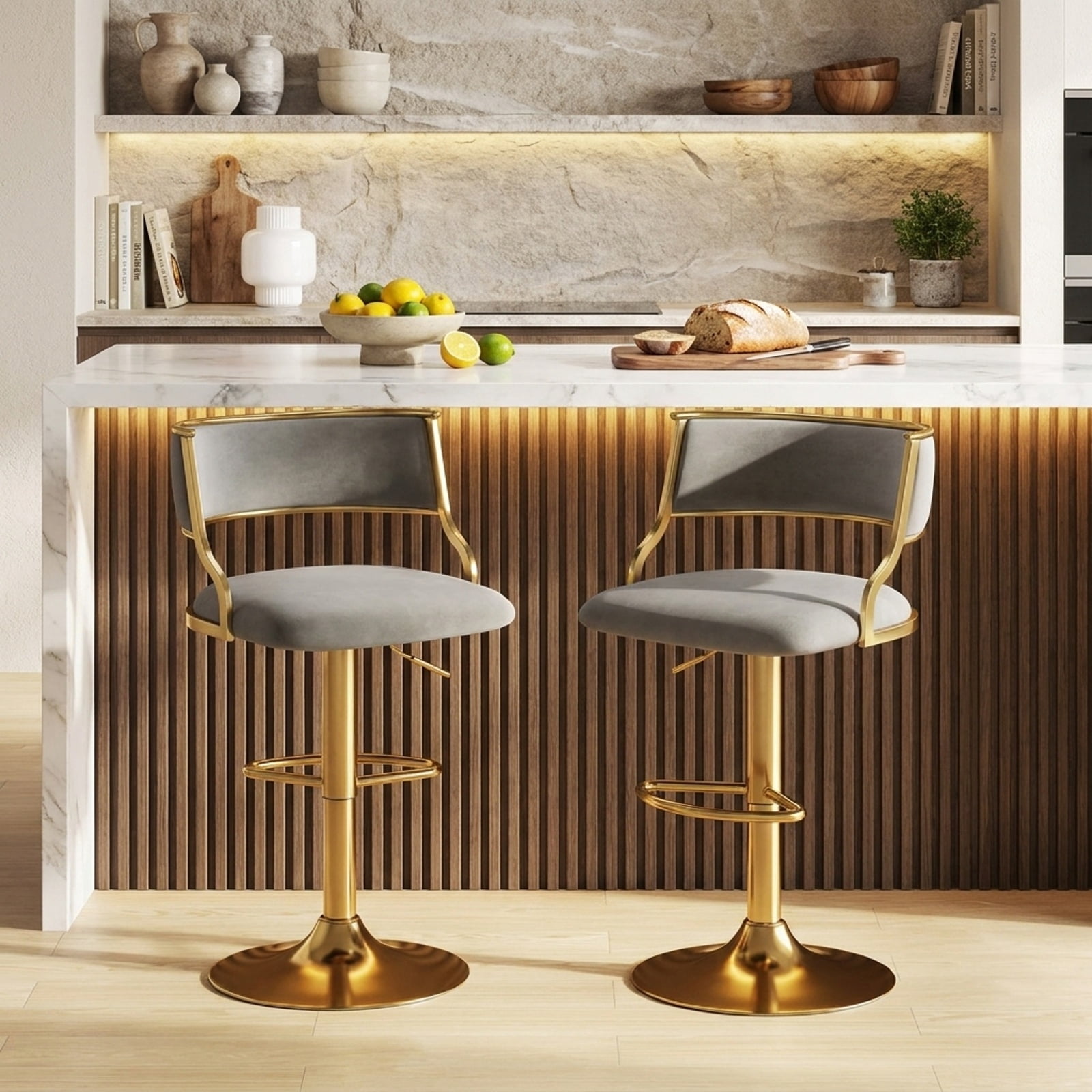 Furnibear Swivel Bar Stool Set of 2 Dutch Velvet Height Adjustable Island Stools for Kitchen Island Counter Bar Pub Dining Home, Grey