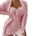 thumbnail image 2 of Neinkie Ensemble de Pyjamas pour Femmes 2 Pcs/Set Couleur Unie Col en V Décolleté Sans Manches Robe Thermique Confortable Ajustée Manches Longues avec Cordon de Serrage Ensemble de Nuit pour la Maison, 2 of 7