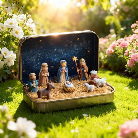 Kumdkd Mini Christmas Nativity Set in Tin Box, Portable Holy Family Figurines Religious Christmas Decor for Travel, Home, Office Desk, Stocking Stuffer Gift for Family and Friends