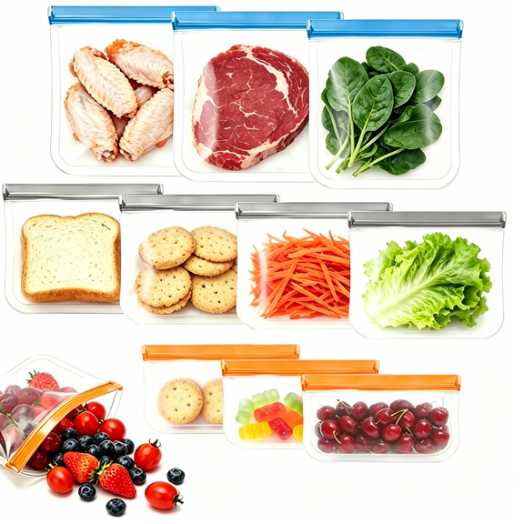 Dihmpor  10 Pack Dishwasher Safe Reusable Bags, Leakproof Reusable Freezer Bags, BPA Free Food Storage Bags for Marinate Food Travel - 3 Gallon 4 Sandwich 3 Snack