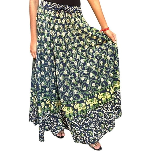 Women Cotton Long Skirt Jaipuri Print One Size Boho Elastic Waist Navy Blue