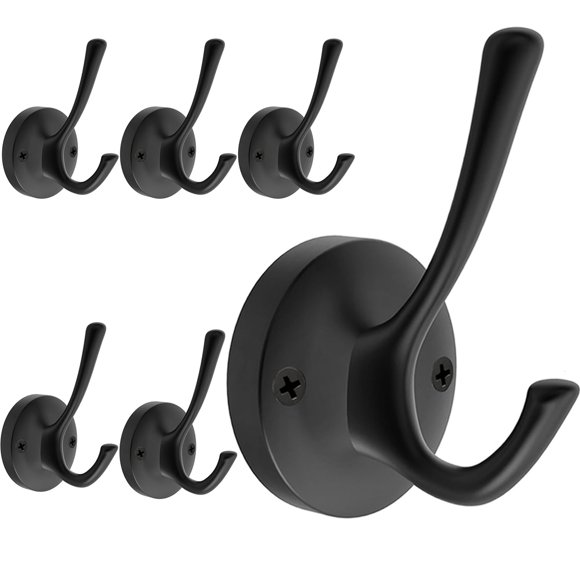 Tofiigrem Ganchos de Pared Negros Paquete de 6 Ganchos para Toallas y Abrigos Gancho Doble para Albornoz de Metal Resistente Ganchos para Sombreros montados en la Pared para cubículos Baño Cocina Arma