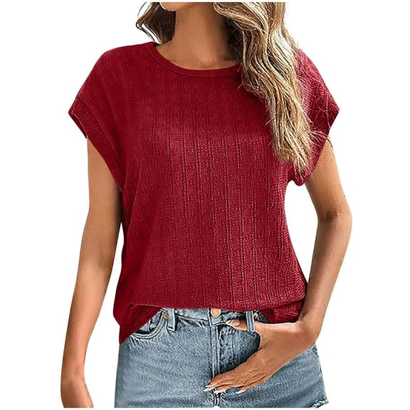 ZQUUVOU Womens T-Shirts Crew-Neck Cap Short Sleeve Solid Color Short Casual Shirt Summer Tops(Burgundy,XL)