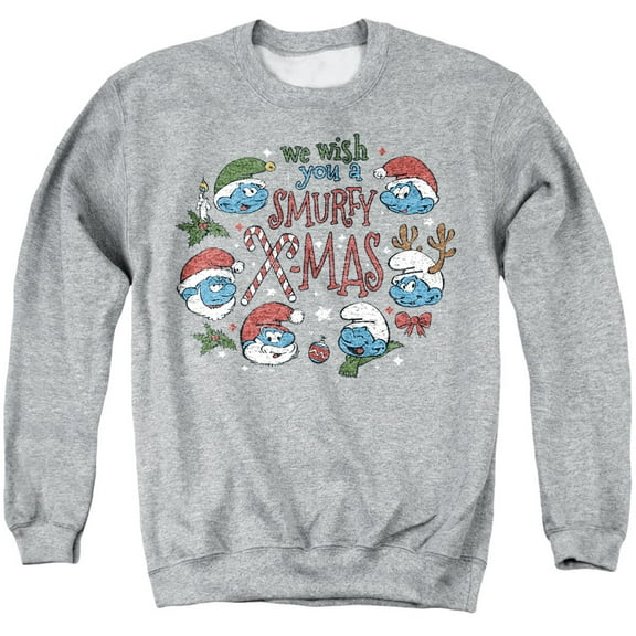 Smurfs We Wish You A Smurfy Christmas Unisex Adult Crewneck Sweatshirt, Athletic Heather, Medium