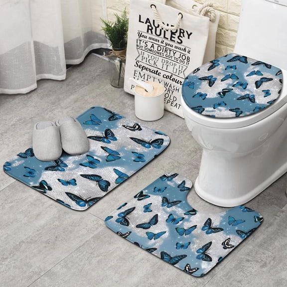 Lightblue Butterfly Sparkle Pattern Bathroom Rugs Sets 3 Piece,Toilet Cover Set,Absorbent Non Slip Bathroom Mats Sets with U-Shaped Contour Rug Toilet Rug Set