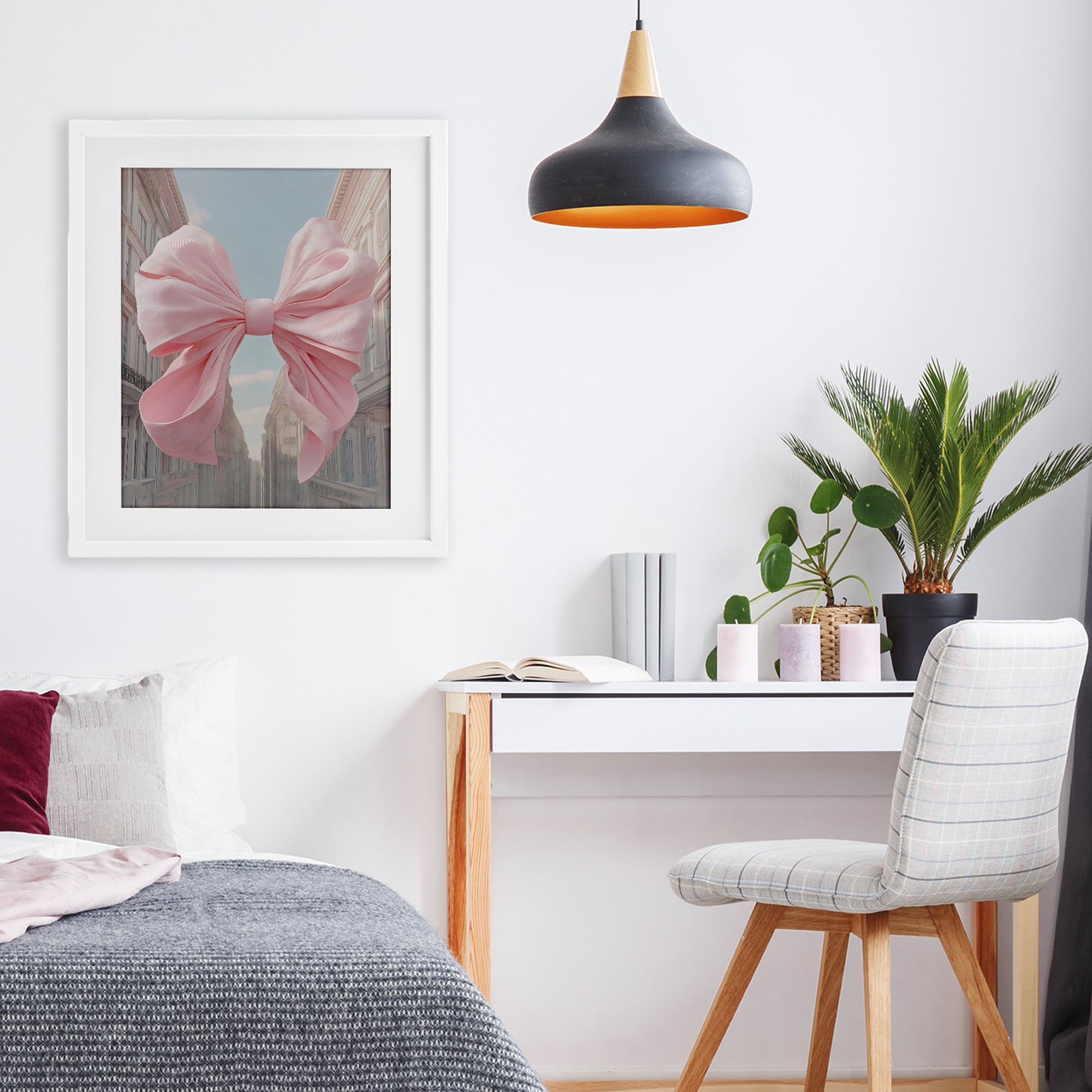 Stupell Industries Pink Bow over City Street White Framed Print Under Glass, design by The Prints Vibe
