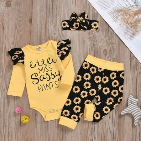 

Newborn Baby Girls Floral Fall Outfit Long Sleeve Ruffle Romper Bodysuit Sunflower Leggings Pants Clothes 0-18 Months