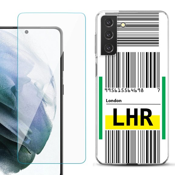 Slim-Fit TPU Fashion Phone Case for Samsung Galaxy S21 FE 5G Fan Edition, with Tempered Glass Screen Protector, by OneToughShield ® - Airport Tag / London
