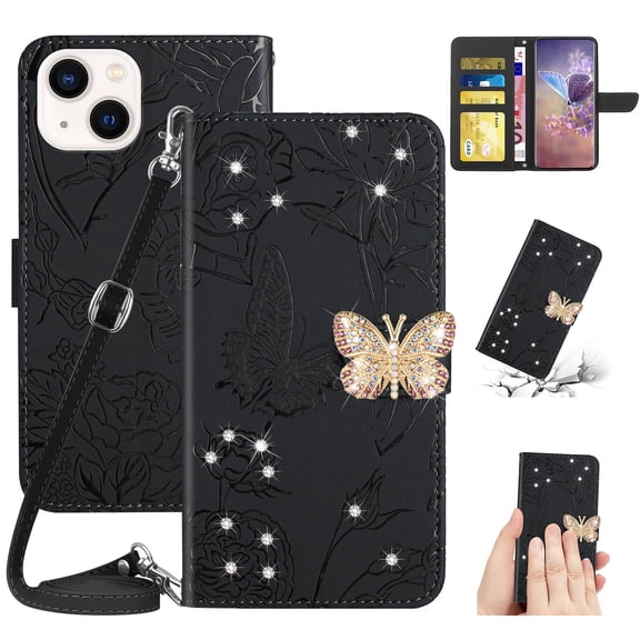 SaniMore Case for iPhone 14 Plus 6.7" 2022, [Crossbody/Wrist Lanyard] PU Leather Skin Embossed Butterfly [Diamond Clasp] Card Slots kickstand Shockproof Stylish Glitter Wallet Shell, Black