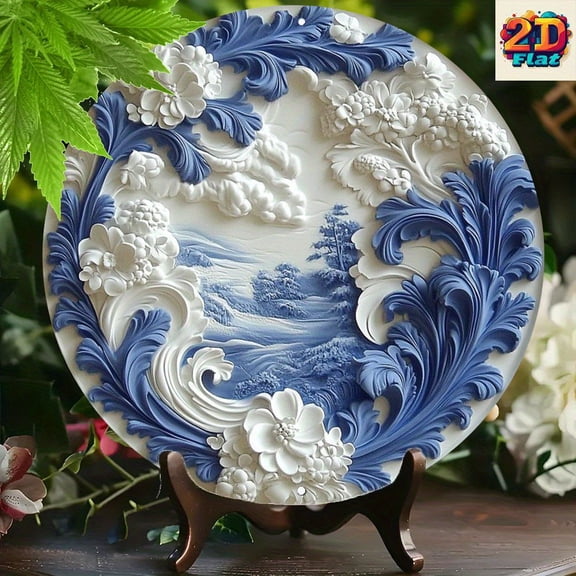 HELLOYOUNG Round Wall Art, Blue White Floral Aluminum Metal Wall Decor, Home Decor Gift with Rustic Vintage Style for Living Room Bedroom
