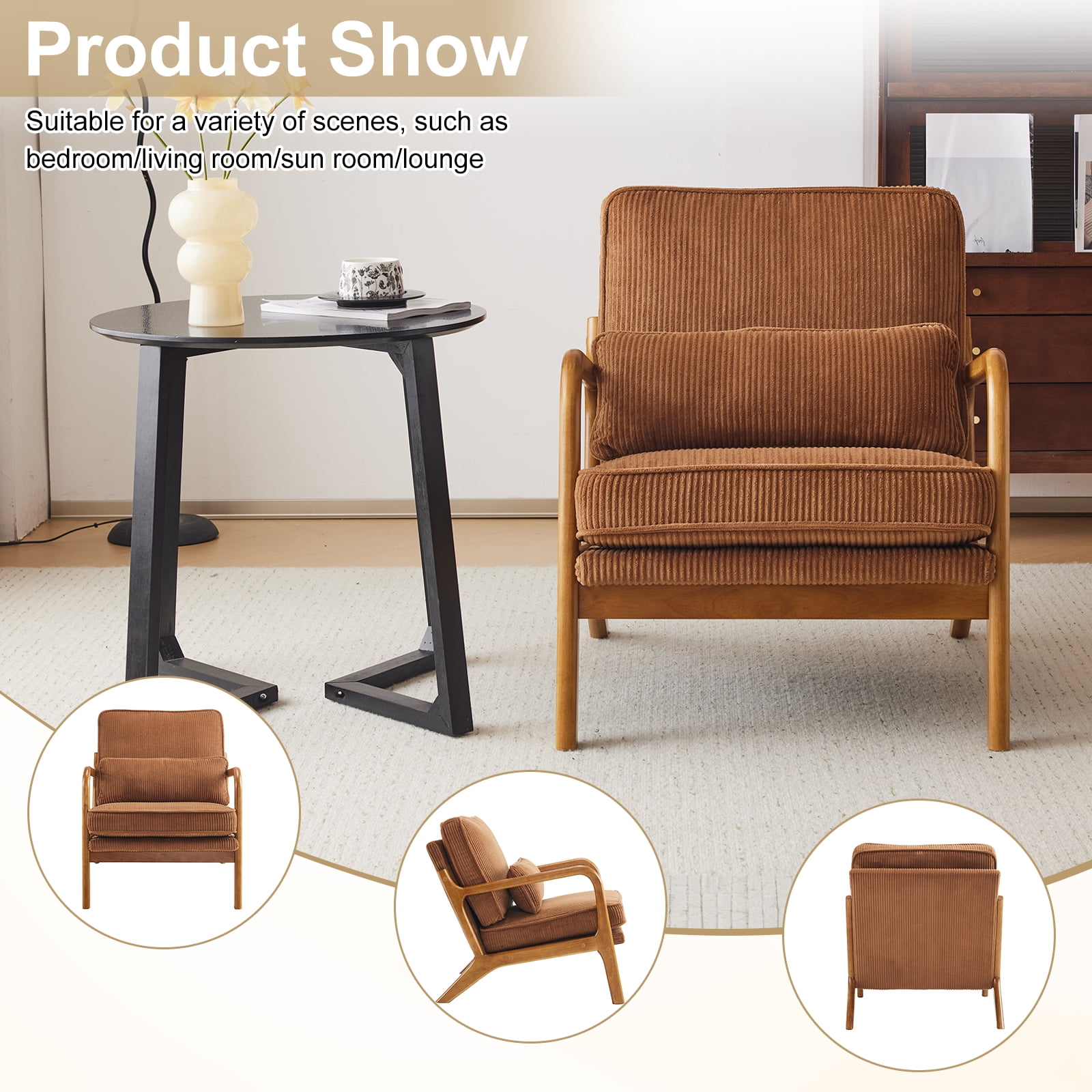 Ktaxon Accent Chair Corduroy Upholstered Armchair, Reading Club Chair with Pillow and Solid Wood Frame for Living Room Bedroom Furniture Brown