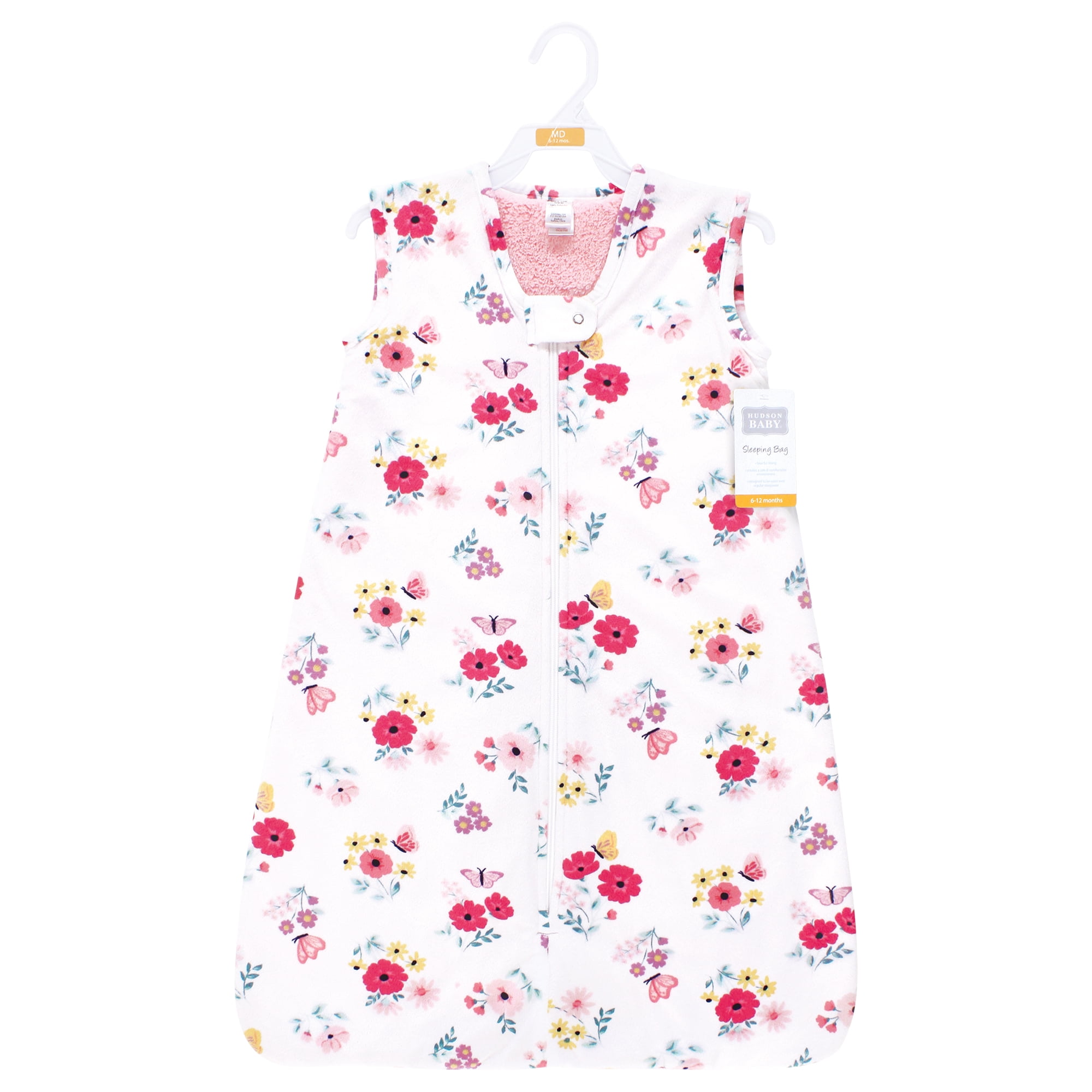 Hudson Baby Girls Plush Faux Fur Sleeping Bag, Wearable Blanket, Butterfly Floral, 12-18 Months
