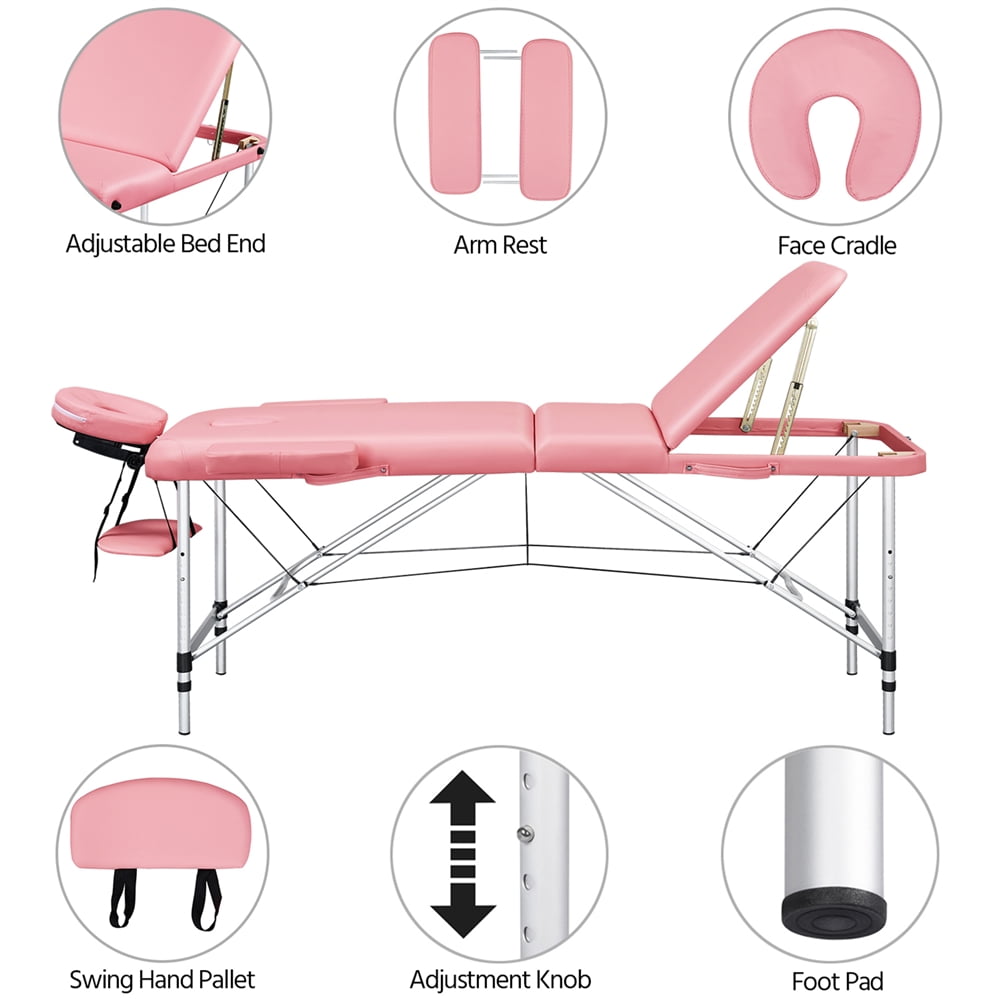 Renwick 3 Section Aluminum Massage Table with Removable Headrest Armrest, 84" x 31.5", Pink