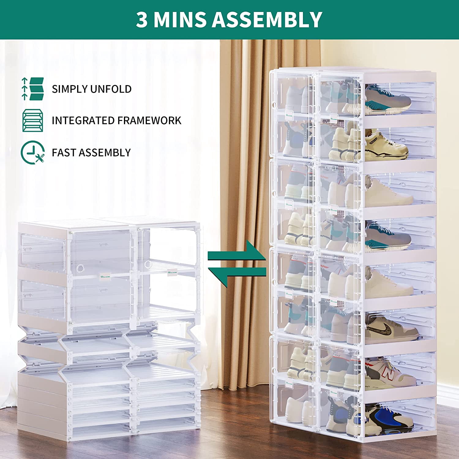 YITAHOME Shoe Storage Organizer, Installation-Free Shoe Box with Doors, 2-16 Grid Stackable Transparent Folding Shoe Cabinet for Hallway, Living Room, Closet (White)