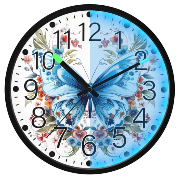 Ryvnso Floral on A Blue Butterfly 12 Inch Night Light Wall Clock Silent Battery Operated Luminous Clocks