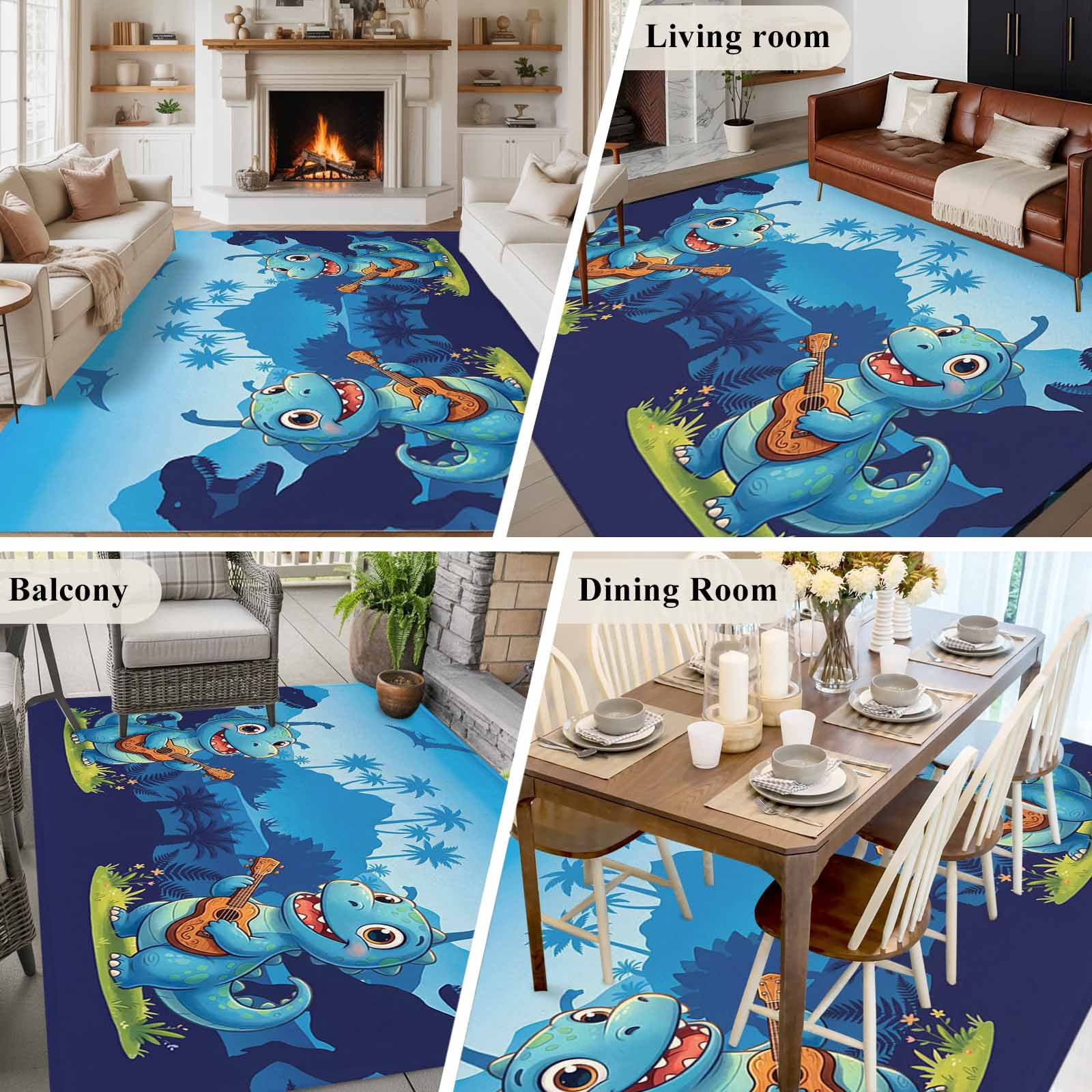 Funny Dinosaur Area Rugs 5'x8', Washable Small Throw Rugs for Classroom Bedroom, Playing Guitar Palm Tropical Blue Silhouette Indoor Outdoor Rug Non-Slip Low Pile Carpet Runner Reversible Floor Mats