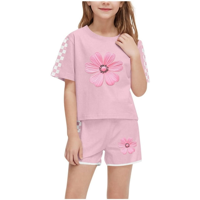 IFNWSV Ensembles d'Été pour Filles Mode Décontractée Manches Courtes Col Rond Col Bouton Imprimé Ensembles de Shorts 13 Ans