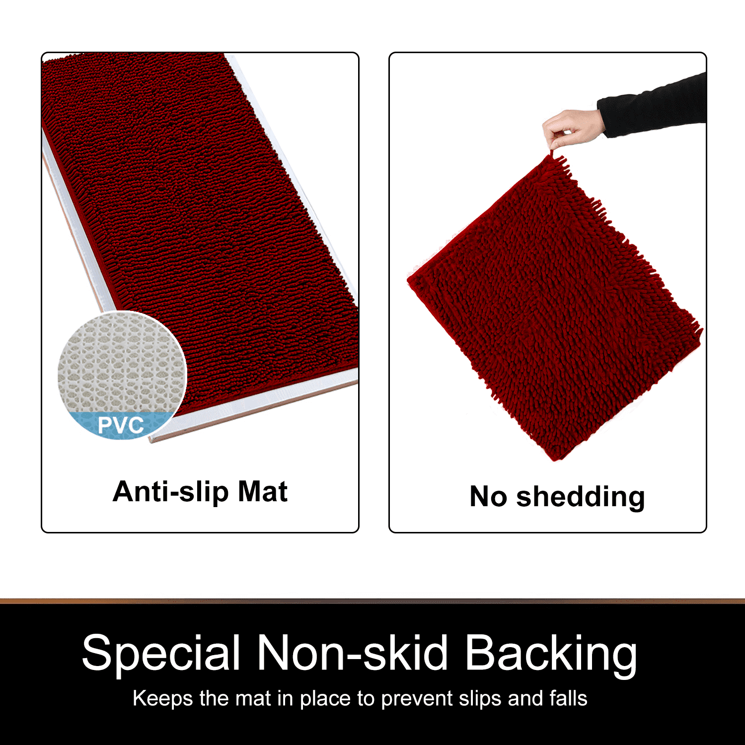 Chenille Bathroom Rugs, Extra Soft and Absorbent Shaggy Bath Mat Rugs, Washable Non Slip Shower Mat Carpet for Bathroom Floor, Tub and Shower, 24"x47", Burgundy