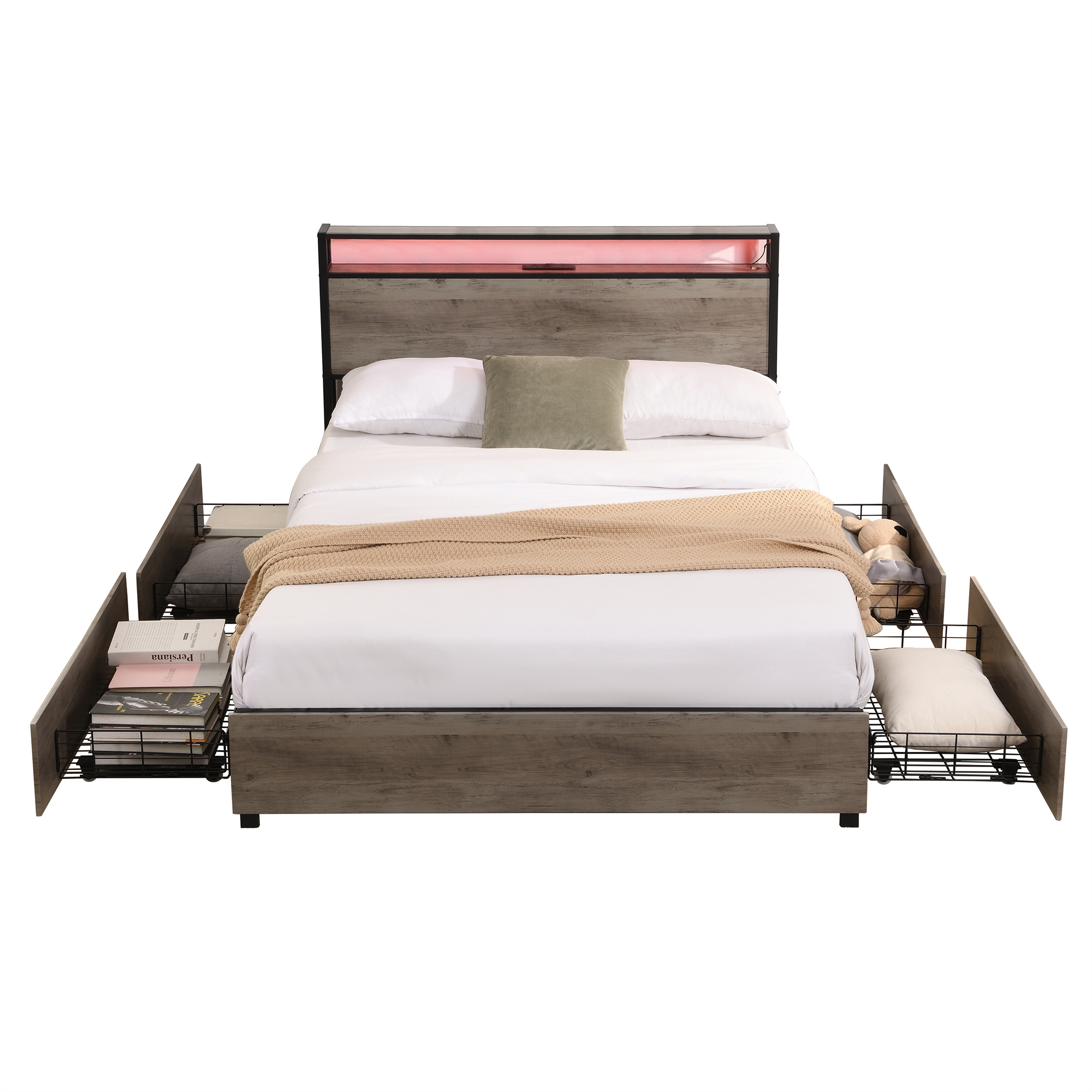 Aukfa Metal Full Size Bed Frame with USB Ports, 16 Color LED Lights, 4 Storage Drawers, Antique Gray