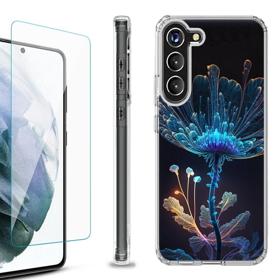 Shockproof Bumper Phone Case for Samsung Galaxy S23 5G, with Tempered Glass Screen Protector, by OneToughShield ® - Glowing Flower